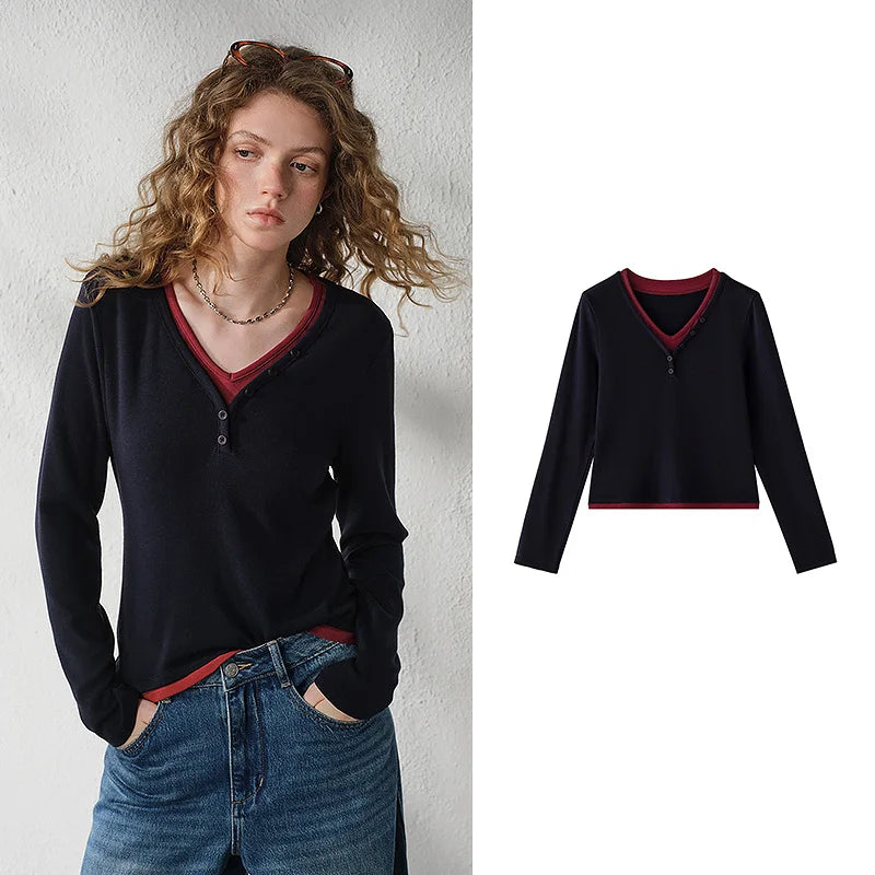 KVLOR™ Layered-Look V-Neck Top