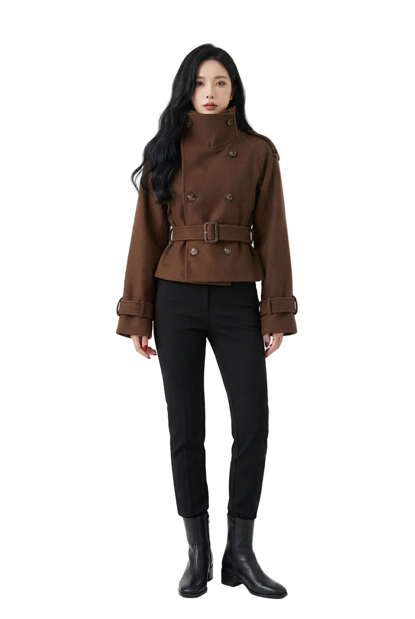 KVLOR™ Belted Double-Breasted Cropped Jacket