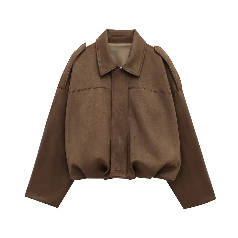 KVLOR™ Oversized Faux Suede Bomber Jacket
