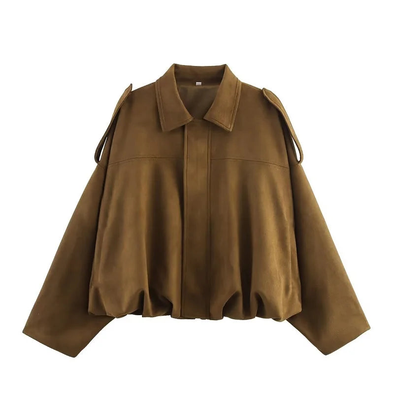 KVLOR™ Oversized Faux Suede Bomber Jacket