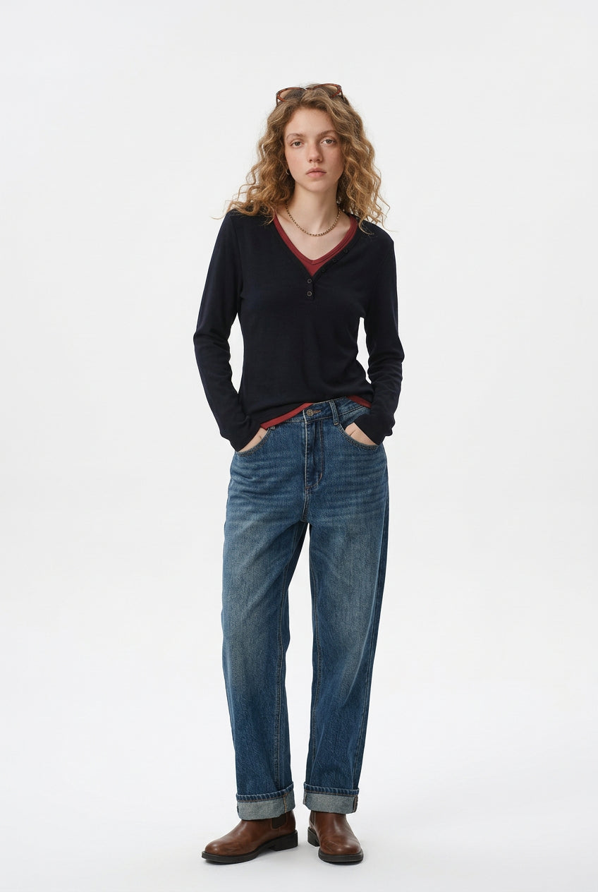 KVLOR™ Layered-Look V-Neck Top