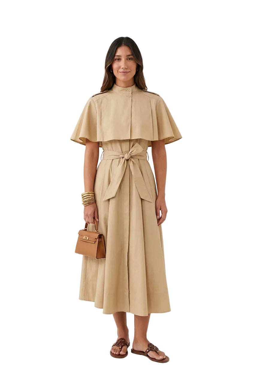 KVLOR™ Belted Cape-Overlay Midi Dress