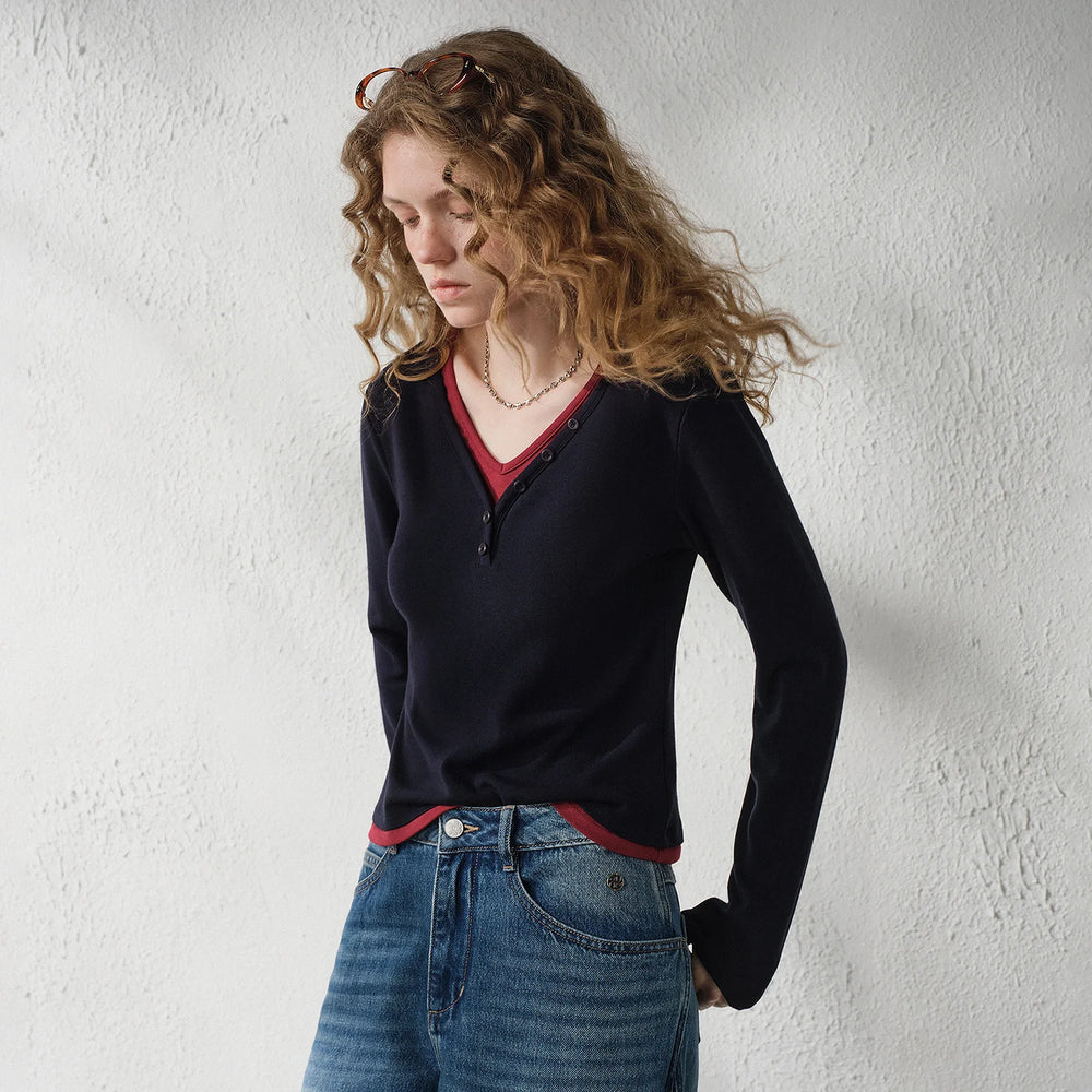 KVLOR™ Layered-Look V-Neck Top